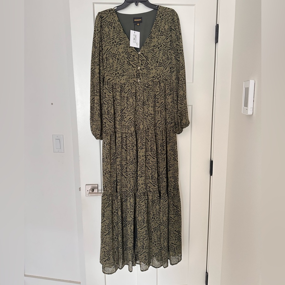 Sugarlips Olive Patterned Maxi Dress Medium
